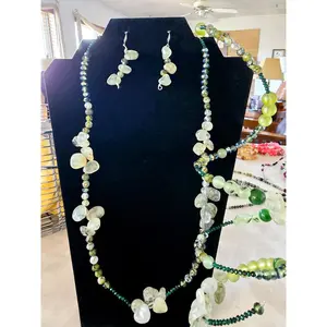 Beaded Jewelry Set Bracelet + Earrings + Necklace Moss Agate Beads Fashion Statement Gift or Her