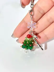 Christmas Tree Crystal Beaded Ornament, Transparent Snowflake Alloy Cane Bag Keychain Charm, Gift for Ccd U Disk Phone Kindle, Holiday Present, Keychain Pendant