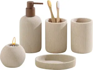 5-Piece Bathroom Accessories Set, Modern Sandstone Look Bath Organizer with Soap Dispenser, Toothbrush Holder, Tumbler, Soap Dish & Candle Holder for Bathroom Countertop or Kitchen Sink