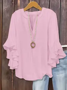 1 Piece V-neck Half Placket Ruffle Bell Sleeve Blouse, Casual Loose Fit Shirt