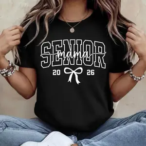 Senior Mama 2026 T-Shirt, Class Of 2026 Graduate Mom Gift, Retro Coquette Bow Graduation Tee, Proud Senior Mom Apparel, Minimalist Graduation Mama Top, Unisex, Casual	