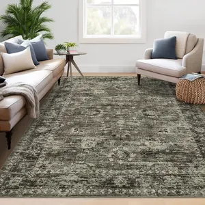 GARVEE Living Room Area Rug 9x12 Washable Rug Vintage Distressed Area Rug Ultra Soft Non-Slip Large Bedroom Area Rug Stain Resistant Throw Rug Traditional Carpet for Dining Room Home Decor, Brown