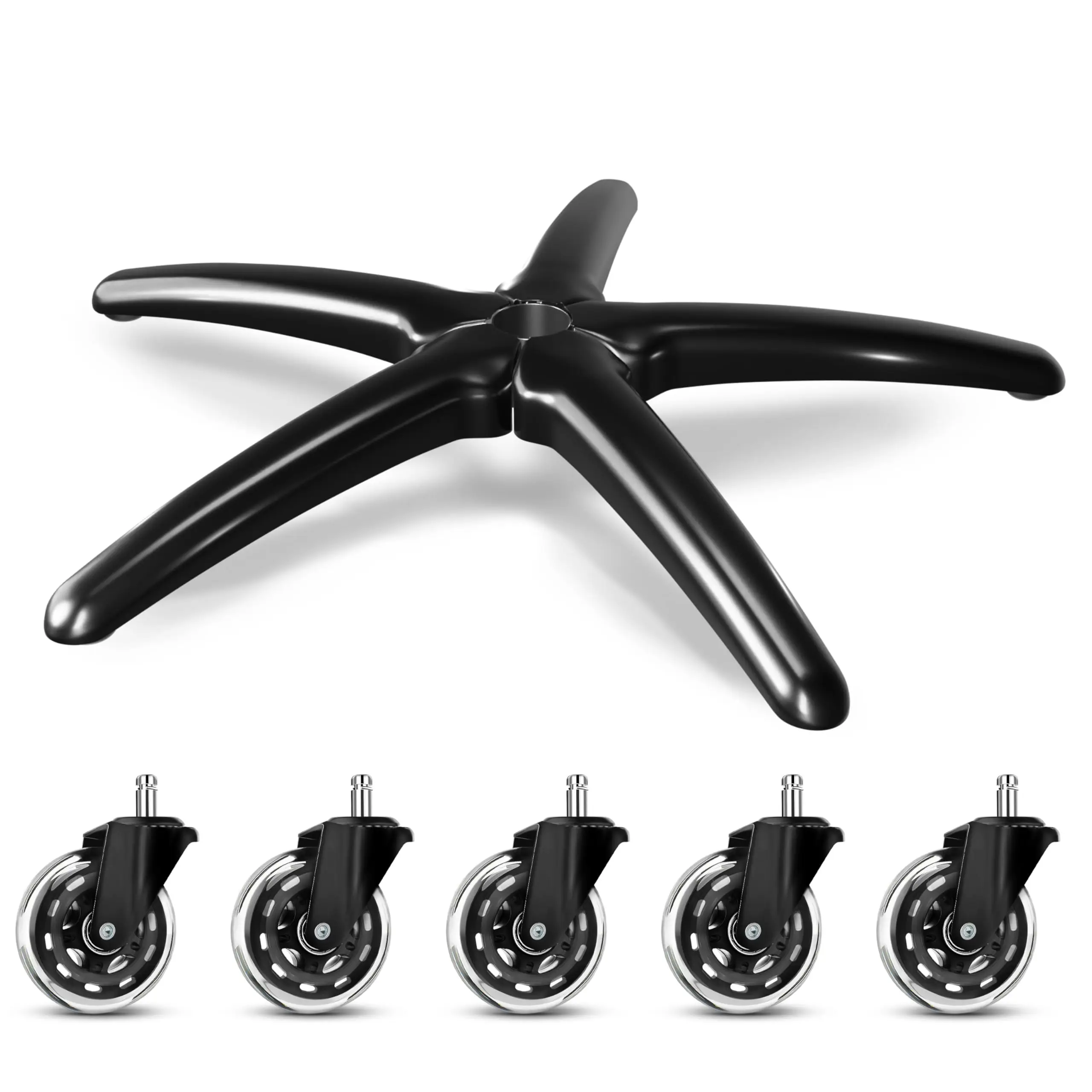28" Heavy-Duty Office Chair Base + 5 Wheels (Chrome), Replacement Set, Universal Fit for Standard Gas-Lift Socket — Gas Cylinder Not Included