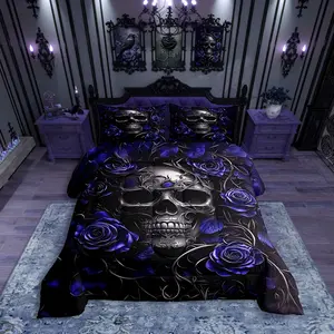 Gothic Skull Bedding Set,Halloween Goth Comforter Set,Vintage Victorian Navy Blue Rose Floral,Spooky Skeleton Boho Horror Bedding,Gothic Decor