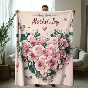 Pink Roses Heart Shape Flannel Blanket, Happy Mothers Day Print, Soft Warm Cozy Throw Blanket, All Season Lightweight, Bed Sofa Office Use, Room Home Decor, Ideal Gift For Mom Wife Grandmother, Print Flannel Blanket