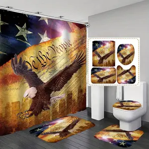 American Flag Eagle Pattern Bathroom Decorations, 4 Counts/set Shower Curtain Sets Including Shower Curtain & Toilet Lid Cover & Mat & U-shaped Mat, Bathroom Accessories