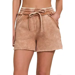 Women's Zenana Acid Wash Fleece Drawstring Shorts with Pockets, Polyester-Cotton Women's Bottom, Hip-Flattering Casual Clothes