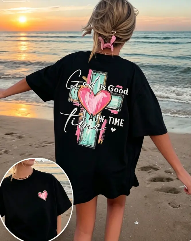 Dual Side Print Religious God Is Good All The Time Brush Cross Pink Heart Tiny Chest Print Big Back Faith Quote Art Cotton Tee Summer Cool 100% Christian Blessed Daily Women Outfit