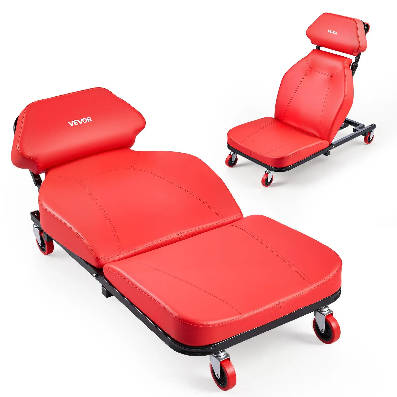 VEVOR 48.4 in Carbon Steel 2-in-1 Mechanic Creeper, Garage Use Adjustable Backrest Creeper Seat with Easy Adjustment, 570 lbs Capacity Under Car Rolling Chair, 6 Swivel Casters, Padded Headrest for Tire Rotation, Brake Maintenance