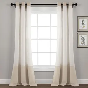 Lush Decor Faux Linen Grommet Color Block Window Curtain Panel Single 40"W x 84"L Semi-Sheer Classic Timeless Design for Living Room Dining Room or Bedroom