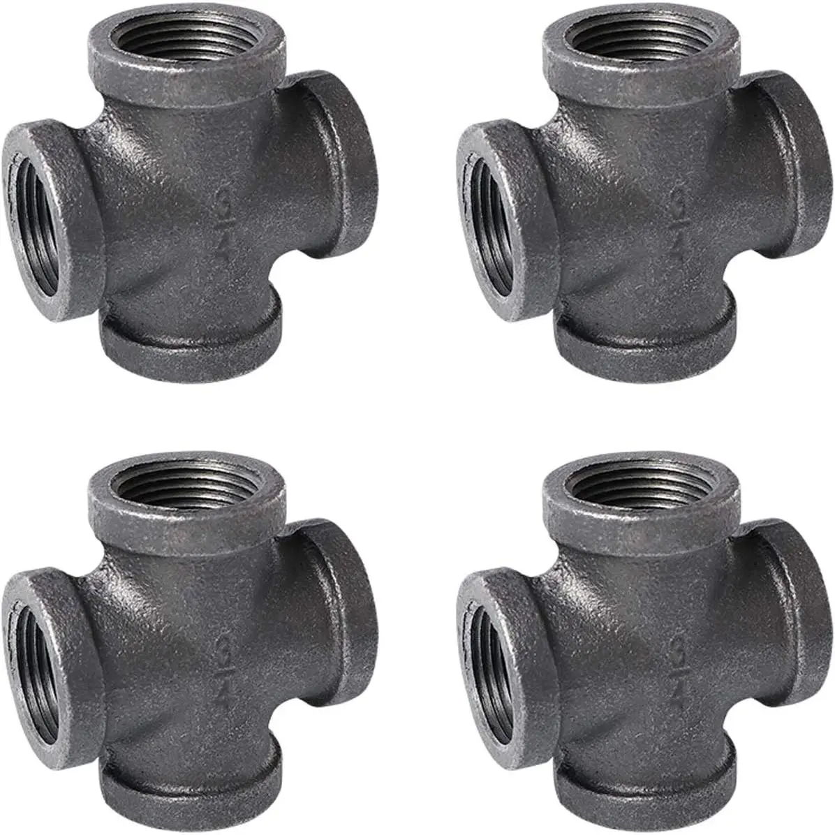 3/4" 4-Way Cross Fitting Connector,  4-Pack Cast Malleable Iron 4 Way Corner Pipe Fittings for Industrial  style DIY Project/Furniture/Shelving Decoration (4, 3/4")