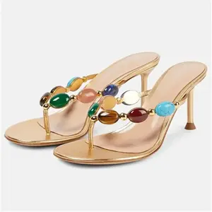 Womens Gold Metallic Thong Sandals Multi Gemstone Accent Stiletto Heel Slide On Party Evening Wedding Casual Summer Footwear