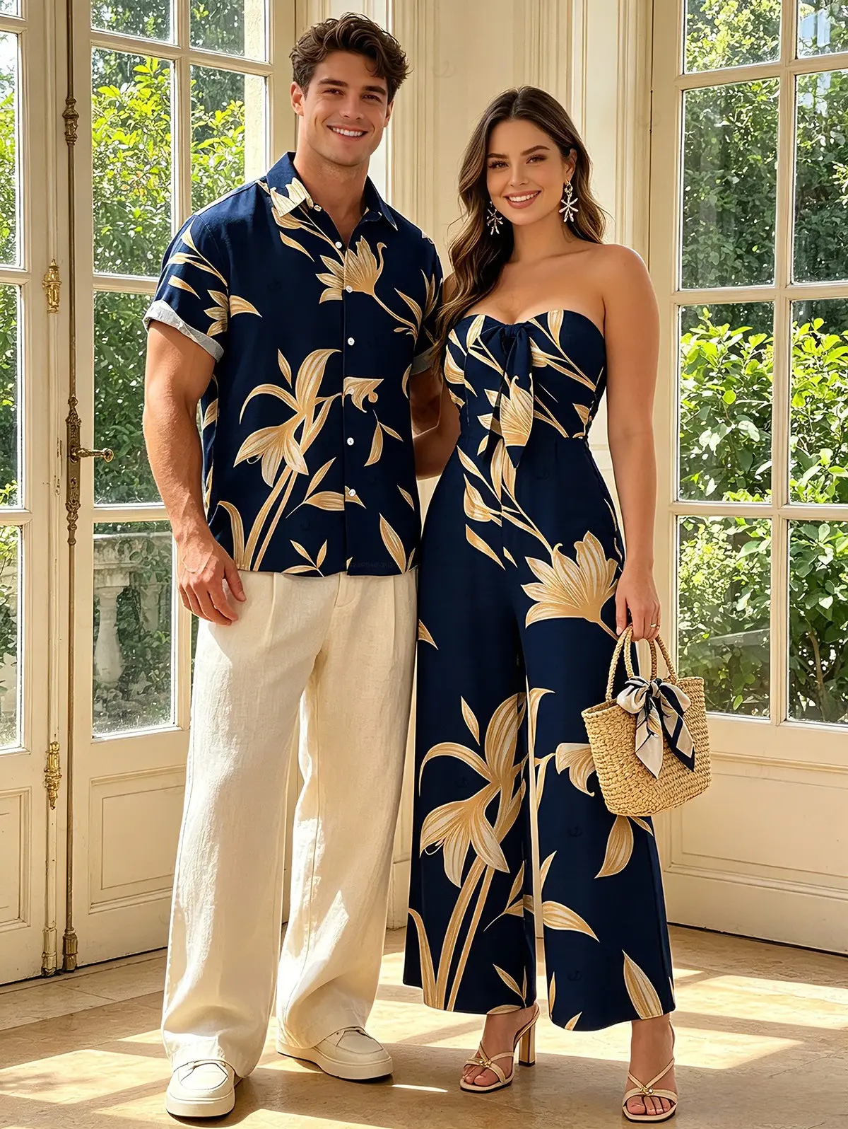 Vacation Couple Outfit Hand‑Drawn Orchid Floral Print Pocket Off the Shoulder Jumpsuit and Shirt Set Vacation Couple Outfit Hand‑Drawn Orchid Floral Print Pocket Off the Shoulder Jumpsuit and Shirt Set