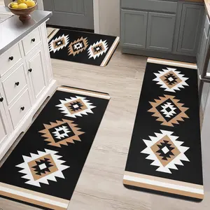 Boho Kitchen Mat Set of 3 Non-Skid Flannel Rugs 20x32 18x47 20x63in for Kitchen Laundry Room Hallway Decorative Floor Mat area carpet style vintage design