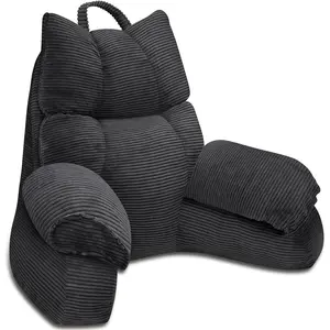 Reading Pillow for Bed with High Arm Rests, Back Support Pillow for Sitting Up in Bed with Shredded Memory Foam for Reading, TV, Gaming or Relaxing on Floor (Grey Black, Large)