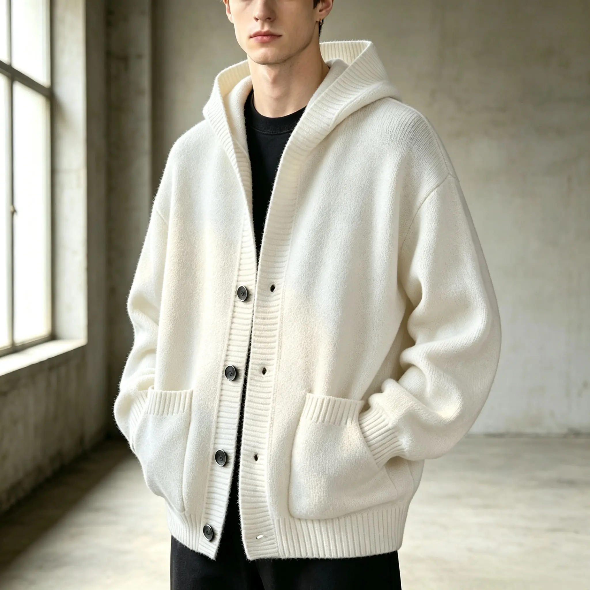 Men’s hooded knit sweater, simple classic design, autumn/winter cardigan with ribbed detailing, two pockets, available in multiple colors
