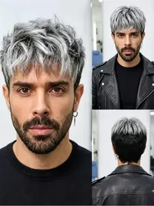 Fashion Men's Mixed Short Curly Wig with Side Bangs, Rose Net Synthetic Fiber, Natural Look for Daily Wear, Cosplay, Halloween, Party, Kinky Curly Wig