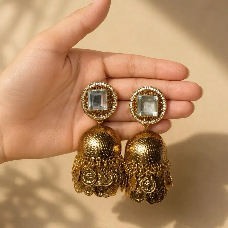 Antique Gold Jhumka Earrings for Women, Traditional Ethnic Jewelry for Weddings, Festivals