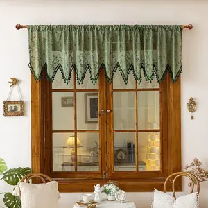 1pc American Country Leaf Embroidered Triangle Fringe Half Curtain, Vintage Coffee Shop Curtain, Kitchen Window Decor, Retro Style