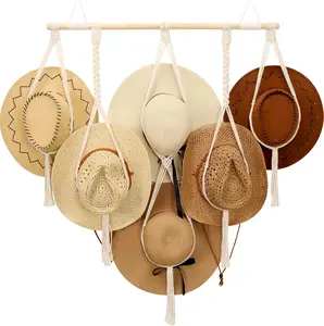 Macrame Hat Hanger Boho Hat Rack for Wall Hat Holder Display Organizer Bobo Hanging Hat Organizer Storage for Wide Brim Hats