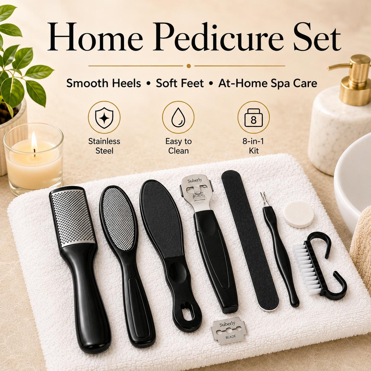 8-in-1 Professional Stainless Steel Foot File Pedicure Tool Set | Heavy Duty Callus & Dead Skin Remover for Cracked Heels Repair | FootTok Salon-Grade At-Home Pedi Kit | Baby Soft Feet Self Care Grooming Essential for Daily Foot Maintenance & Travel