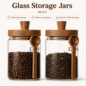 MIUVA 2-Piece Glass Food Storage Jars Set with Bamboo Lid & Spoon - Airtight Dust-Proof Kitchen Containers for Coffee, Sugar, Spices, Portable Food Storage Canisters