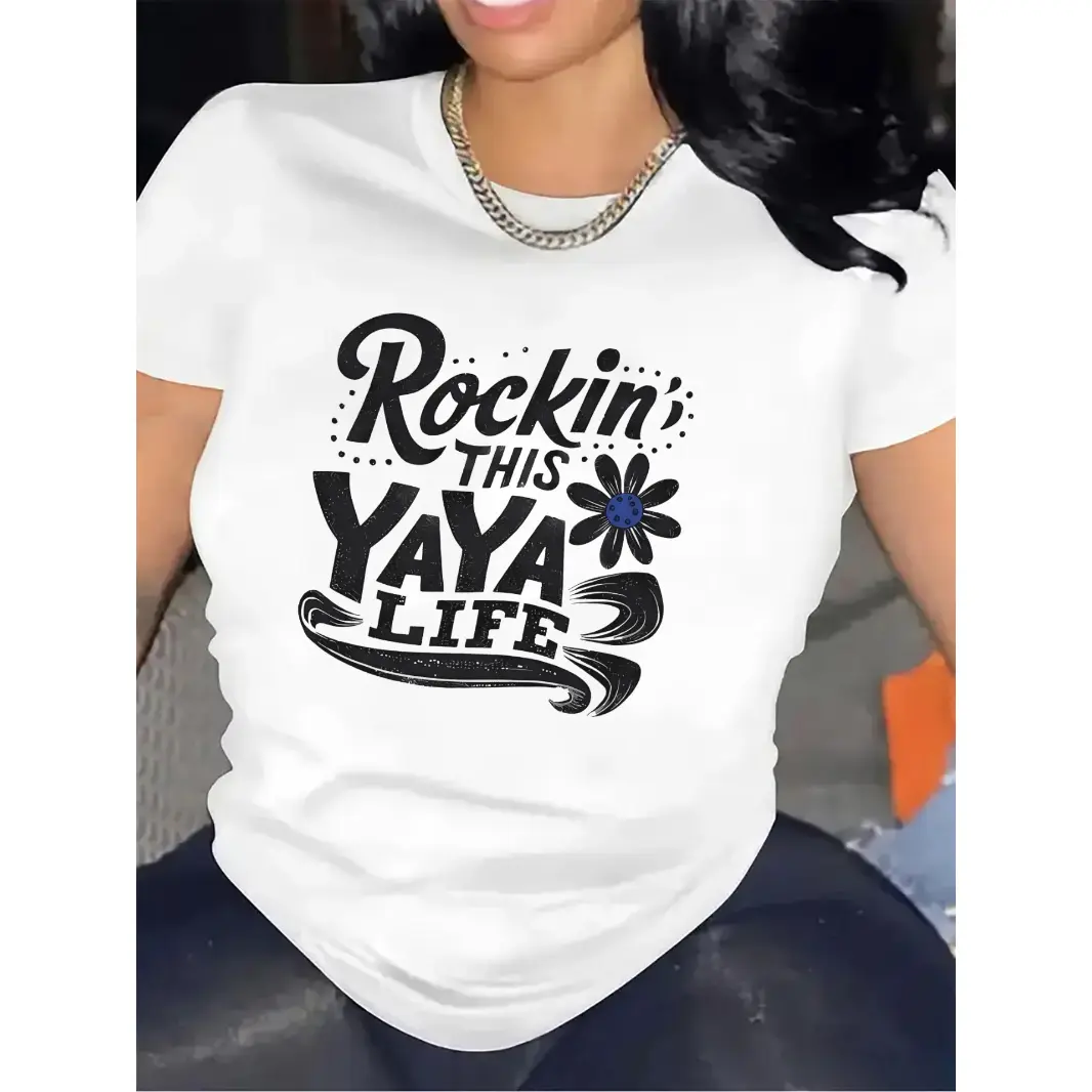 Lady's Cotton Graphic T-Shirt - Short-Sleeve Round Neck Streetwear Top, Cute Daisy Print, "Rockin This YaYa Life" Design, Casual Summer Wear, Gift for Mom/Grandma YaYa, Shortsleeve, Tshirt