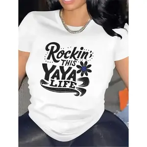 Womens Cotton Graphic Tee Rockin This YaYa Life Shirt Cute Daisy Print Short Sleeve Crewneck Casual Summer Top Gift For Mom Grandma YaYa