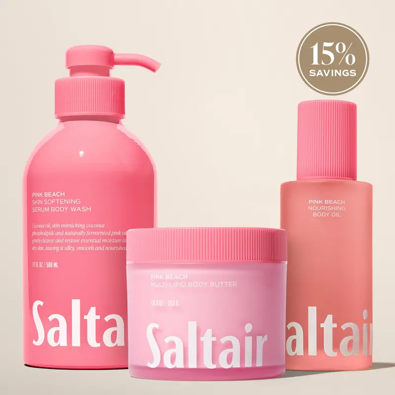 Saltair Pink Beach Body Rituals Set - Serum Body Wash (17 fl oz), Nourishing Body Oil (4 fl oz) & Multi-Lipid Body Butter (10 oz) Bundle for Soft, Glowing Skin - Coconut, Almond Blossom, Vanilla.
