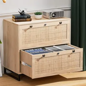 VINGLI Black Rattan 2 Drawer Lateral File Cabinet with Lock, Wood Locking File Cabinets for Home Office, File Cabinet Printer Stand for Hanging Letter/Legal Size Labeled Folders, Oak, 30W x 16D x 28H