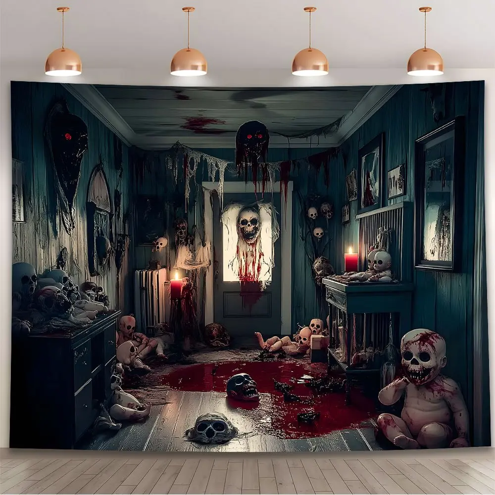1PC Polyester Halloween Horror Corridor Backdrop Banner - Glam Indoor Haunted Print Decor, Bloody Doors, Skeletons, Dolls Design, Durable, Cordless, Easy-Hanging for Haunted House Enthusiasts, Halloween Decorations, Corridor Scene