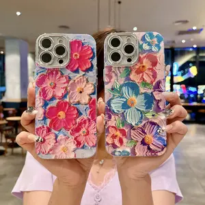 For iPhone 16 Pro Max /15 /14/ 13 /12 Pro Blue Light Case  Dot Oil Painting Flower Glitter Lens Cell Phone Back Covers HLKYHK003