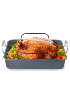 BLACK+DECKER Large Turkey Roasting Pan with Rack, 0.8mm Carbon Steel Baking Pan with Ceramic Non-Stick Coating, Cooking Pan for up to 24 lb. Turkey, U-Shaped Rack Included, Stainless Steel Handles