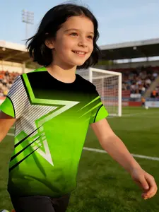 girl child jersey Green And Black Star Pattern With Stripes Breathable, light and comfortable short sleeve T-shirt Elastic casual children's wear suitable for going out, polyester, versatile Comfort training sports summer quick-dry