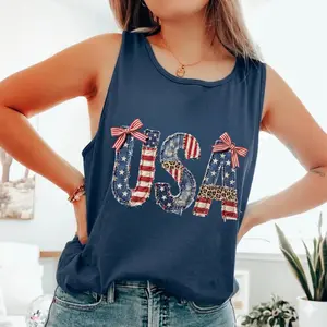 Comfort Colors (PRINT NOT EMBROIDERED) USA American Flag Tank Top, Faux Patchwork 4th of July Sleeveless Shirt, Independence Day 250 Years Patriotic Graphic Tank Top