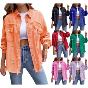 Women's Ripped Distressed Denim Jacket Long Sleeve Button Down Boyfriend Jean Coat Trucker Jacket Jean Jacket Frayed Washed Button Up Denim Jacket With Pockets Basic Casual Everyday Outerwear Womenswear Lady