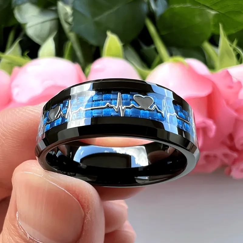 [Stylish Ring] Stylish 8Mm Stainless Steel Ring | with Heartbeat Design And Black Carbon Fiber - a Neutral Commitment Ring | Suitable for Weddings And Parties