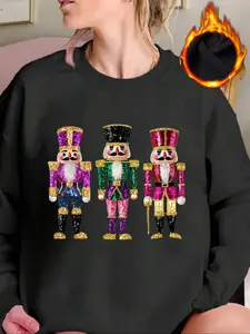 Christmas gift Nutcracker doll pattern print, casual retro long-sleeved pullover, round neck casual sports women's pullover sweatshirt, autumn and winter plus velvet women's clothing, suitable for daily wear
