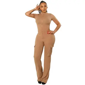 Lily Short Sleeve Ribbed Bodysuit and Pants Front Zipper Cargo Side Pocket Set-Kelly Green