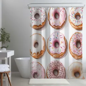 212 MAIN Donuts Pink Modern Shower Curtain, 71x74 in. Washable Polyester with Hooks, Chic Bathroom Home Decor, Conscious Sales C1SC71741VN8HO