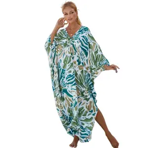 Plus Size Mumu Dresses for Women - Boho Batwing Sleeve Caftan with Side Slits, Long Moo Moo Nightgown & Beach Cover Up - Green Camo