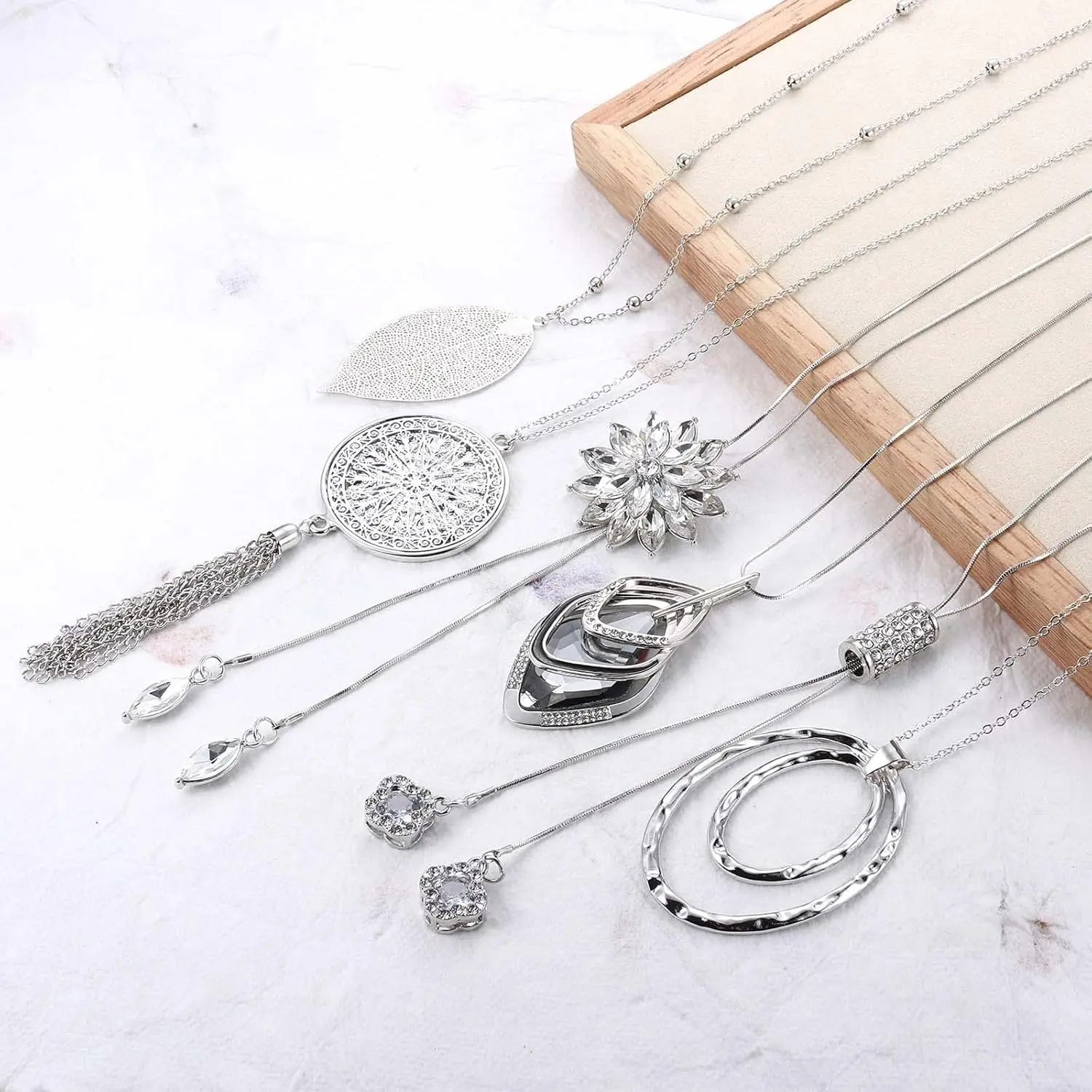 Women's 6pcs Adjustable Lightweight Hypoallergenic Rhinestones Leaf Tassel Long Necklace Variety Pack - Simple Light Luxury Fashion, Versatile for Daily Wear, Wedding Banquets (Party Hats, Masks & Accessories)