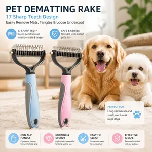 Pet Grooming Brush & Detangler Comb for Dogs & Cats | Double-Sided Undercoat Rake for Shedding, Mats & Tangles | One-Click Clean Dematting Tool for Long/Short Hair