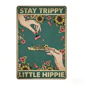 Vintage "Stay Trippy Little Hippie" Floral Metal Tin Sign, Retro Hippie Wall Art, Perfect Boho & Stoner Room Decor Metal Tin Sign Metal Wall Art Tin Wall Decor Vintage Metal Sign Retro Tin Plaque
