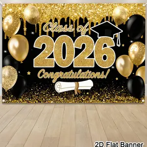 1Pc Graduation Banner Background, Class Of 2026 Congrats Grad Pattern Backdrop, Black Gold Background Cloth, Indoor Outdoor Wall Decor, Graduation Decorations 2026 High School College Party Supplies, Room Home Decor
