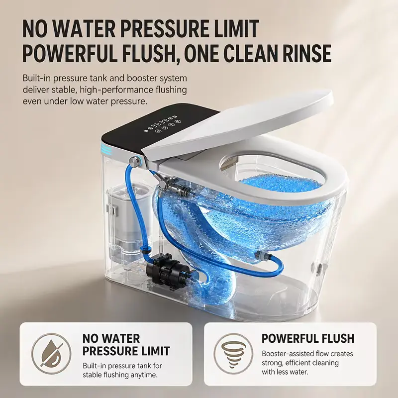 High-end smart toilet featuring a pressurized tank and powerful flushing; includes feminine cleansing and rinsing functions, automatic lid opening/closing, instant warm water, an elongated heated seat, a drying function, and a nightlight.