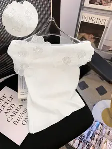 Women's Off Shoulder 3D Floral Applique Top, White Strapless Bandeau Top with Sequin Flower Decoration, Elegant Slim Fit Design, Perfect for Party, Date, Daily Wear and Vacation