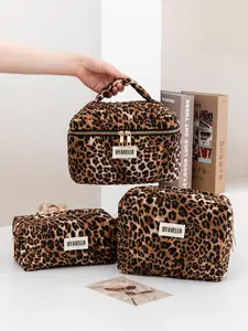 1pcs/3pcs Large capacity travel cosmetic bag set, quilted travel toiletries bag, leopard print zippered portable travel toiletry bag, bohemian style cosmetic bag, portable storage bag, toiletries bag, travel essentials storage bag, back-to-school supplies
