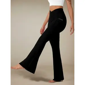 High Waisted Flare Yoga Pants with Pockets, Crossover V-Waist Leggings Buttery Soft Flare Leggings with Side Pockets, Tummy Control Yoga Pants