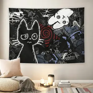Grunge Black Cat Collage Wall Flag - Tapestry Wall Hanging, Alternative Art Print, Mid-century Modern Black Flash Manga Style, Emo Aesthetic, For Adult Fans, Living Room, Bedroom, Dark Vibe Decor
